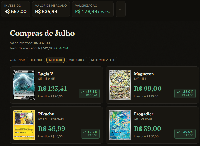 Colecao no QuantoVale com o total investido, o valor de mercado e a valorizacao de cada carta.